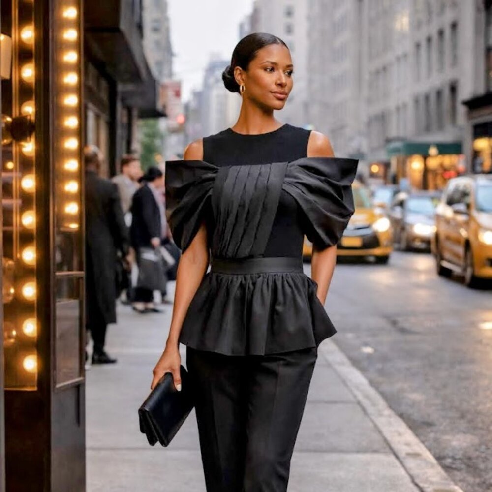 THEO The Label Aphrodite Bow Top Black | Small | Dramatic Off-Shoulder Statement